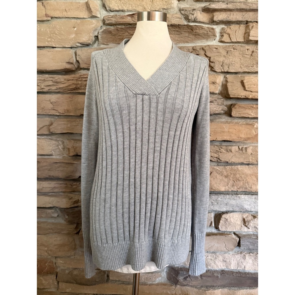 White House Black Market Gray Cashmere Blend Rib V-Neck Tunic Sweater M NEW